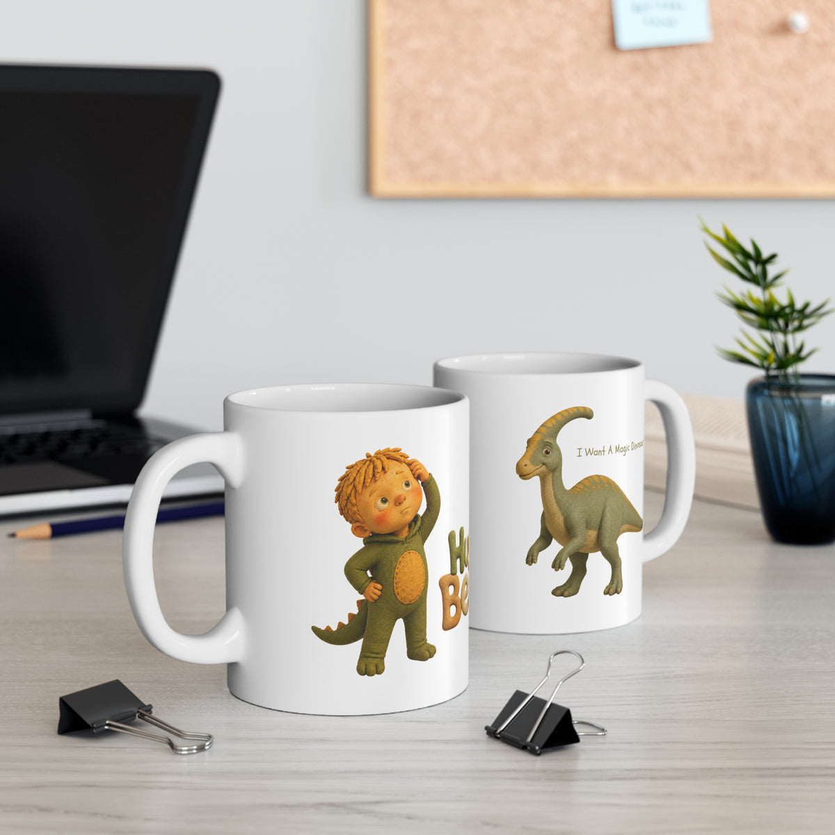 'Hugo Bean - I Want A Magic Dinosaur' Ceramic Mug - 11oz